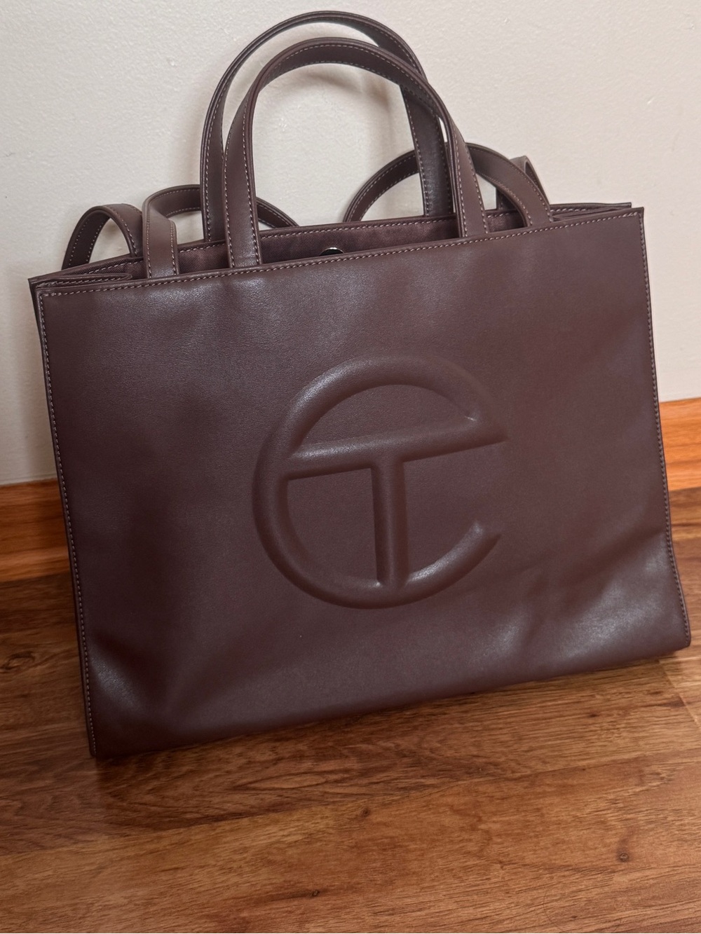 Authentic Telfar Chocolate Brown Leather Laptop Tote with Embossed Logo